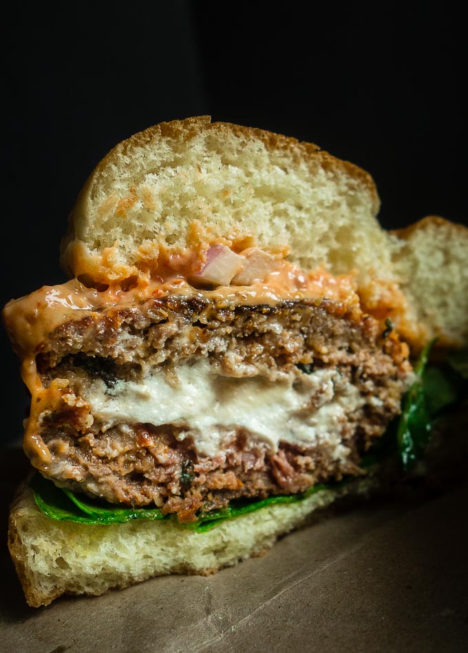 Goat Cheese Stuffed Buffalo Burgers with Sun Dried Tomato Pesto - Went ...