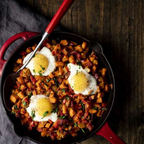 Sweet Potato Hash Egg Skillet with Microgreens