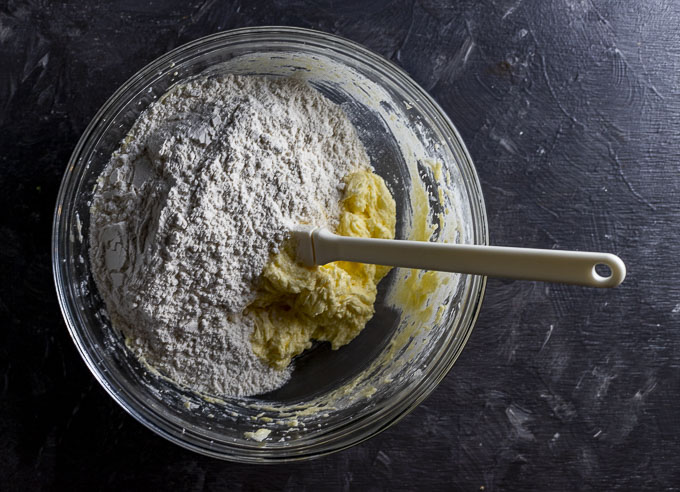 wet and dry cookie ingredients in a bowl.