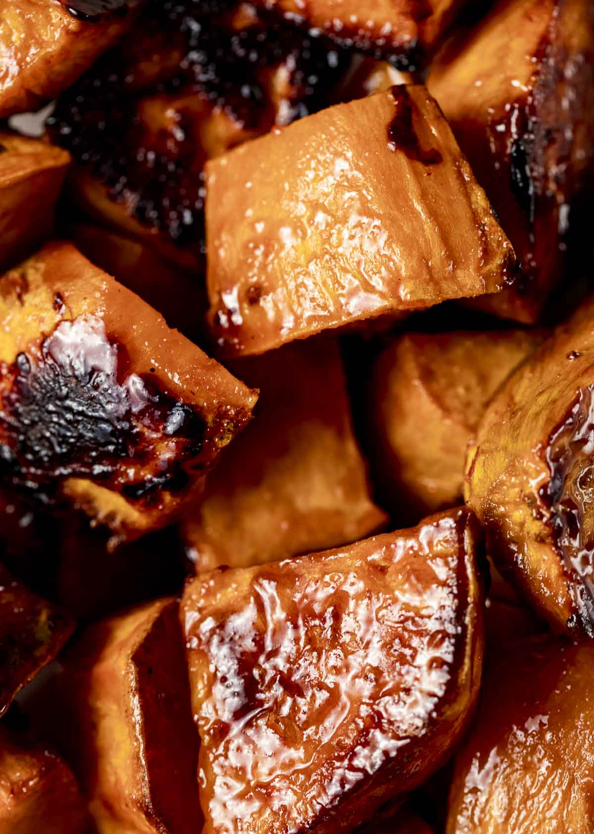 cubes of sweet potatoes in a brown colored glaze