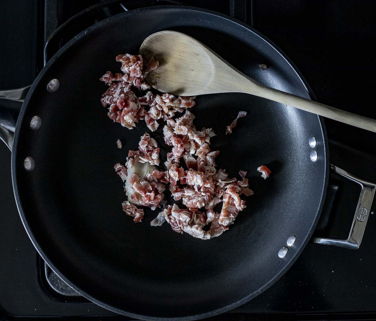 diced pancetta in a skillet.