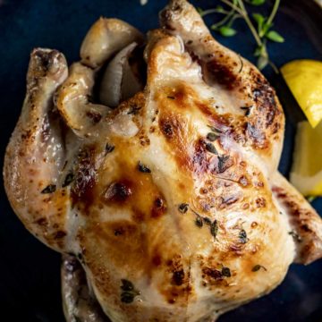 Overhead view of a whole chicken with crispy golden skin.