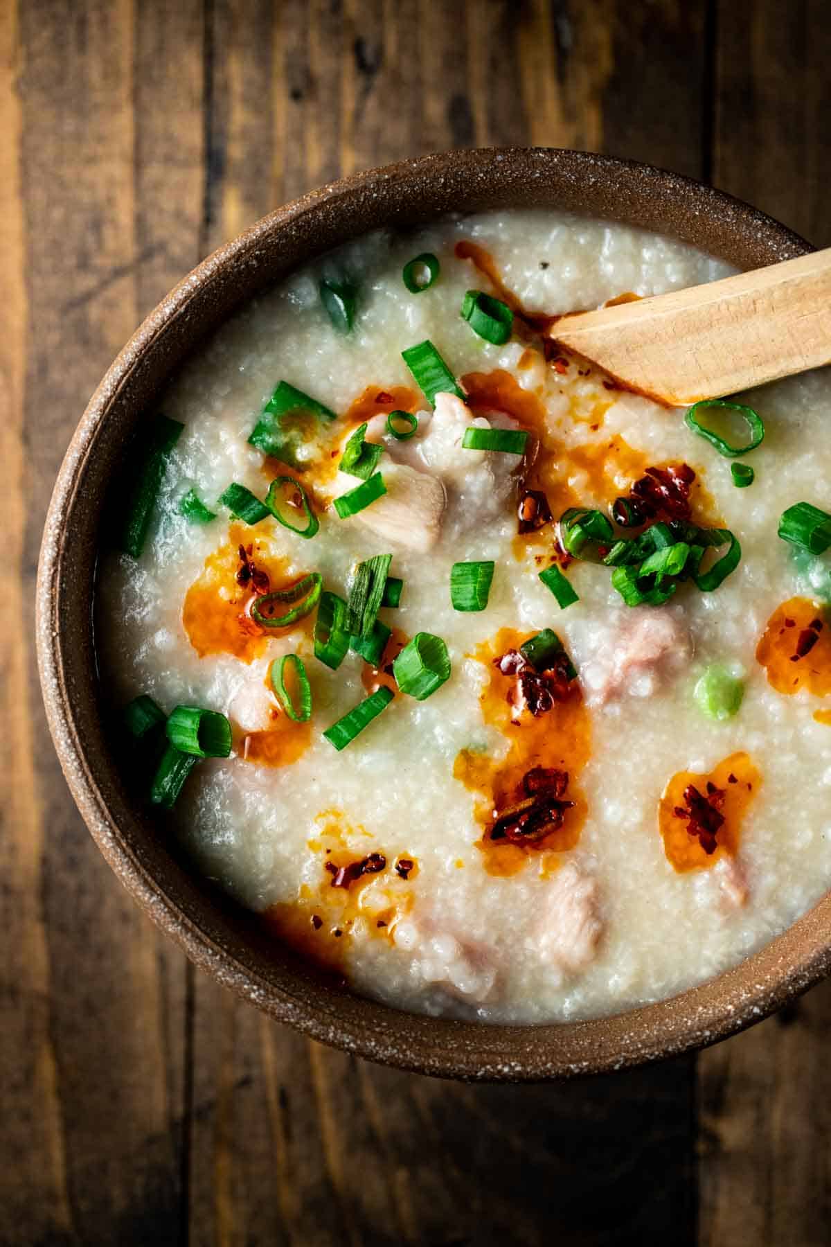 Congee (Rice Porridge) With Pork and Crispy Shallots