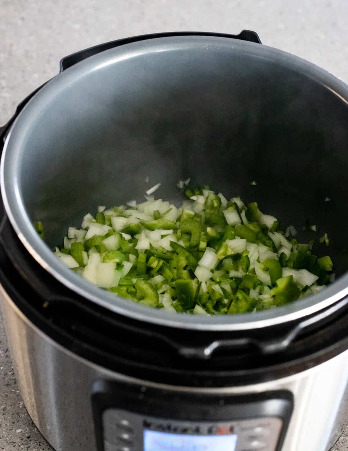 view of onions and green onions in an instant pot.