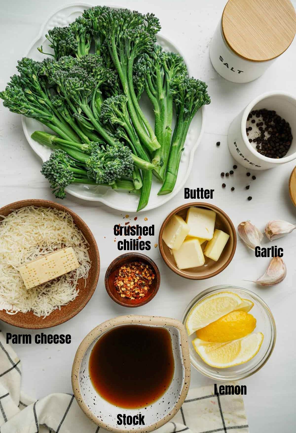 ingredients for broccoletti on a white board with text overlay