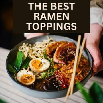 a bowl of ramen with toppings and text overlay