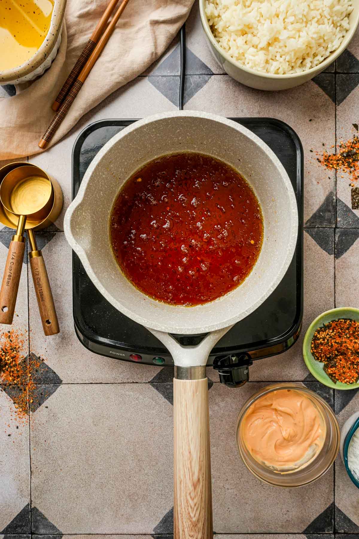 sauce for karaage don in a saucepan