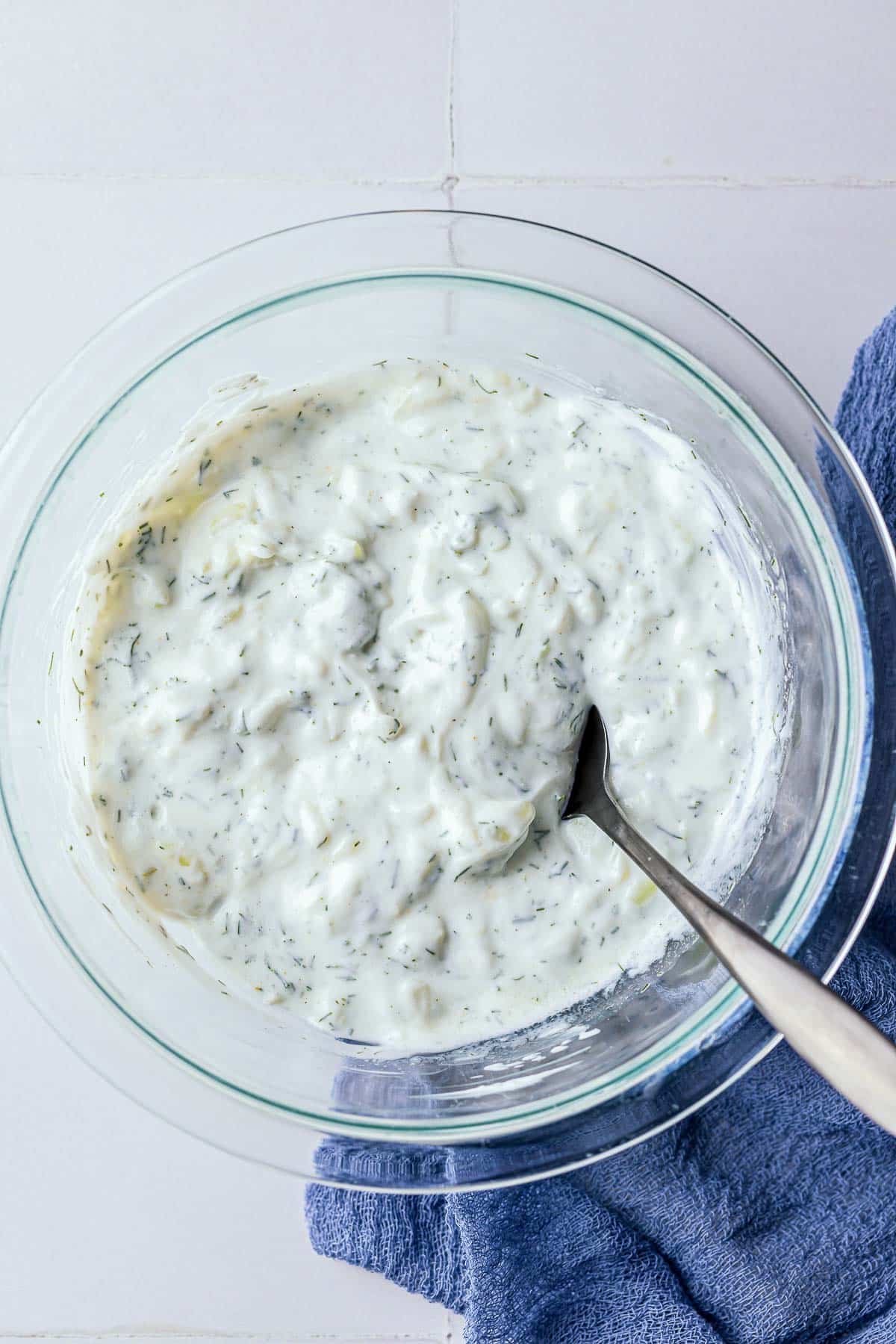 tzatziki sauce in a glass bowl