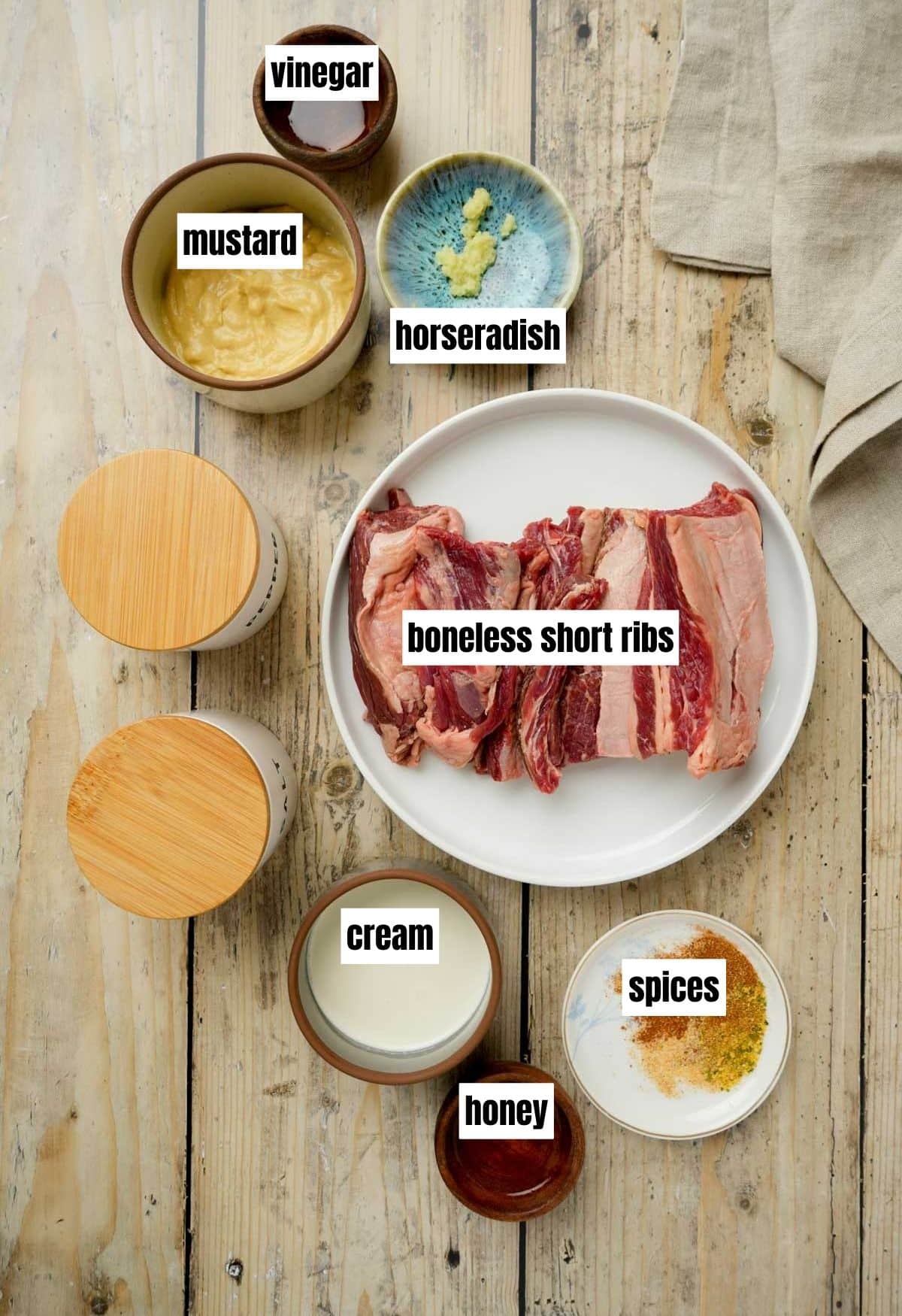 ingredients for boneless short ribs on a wood board