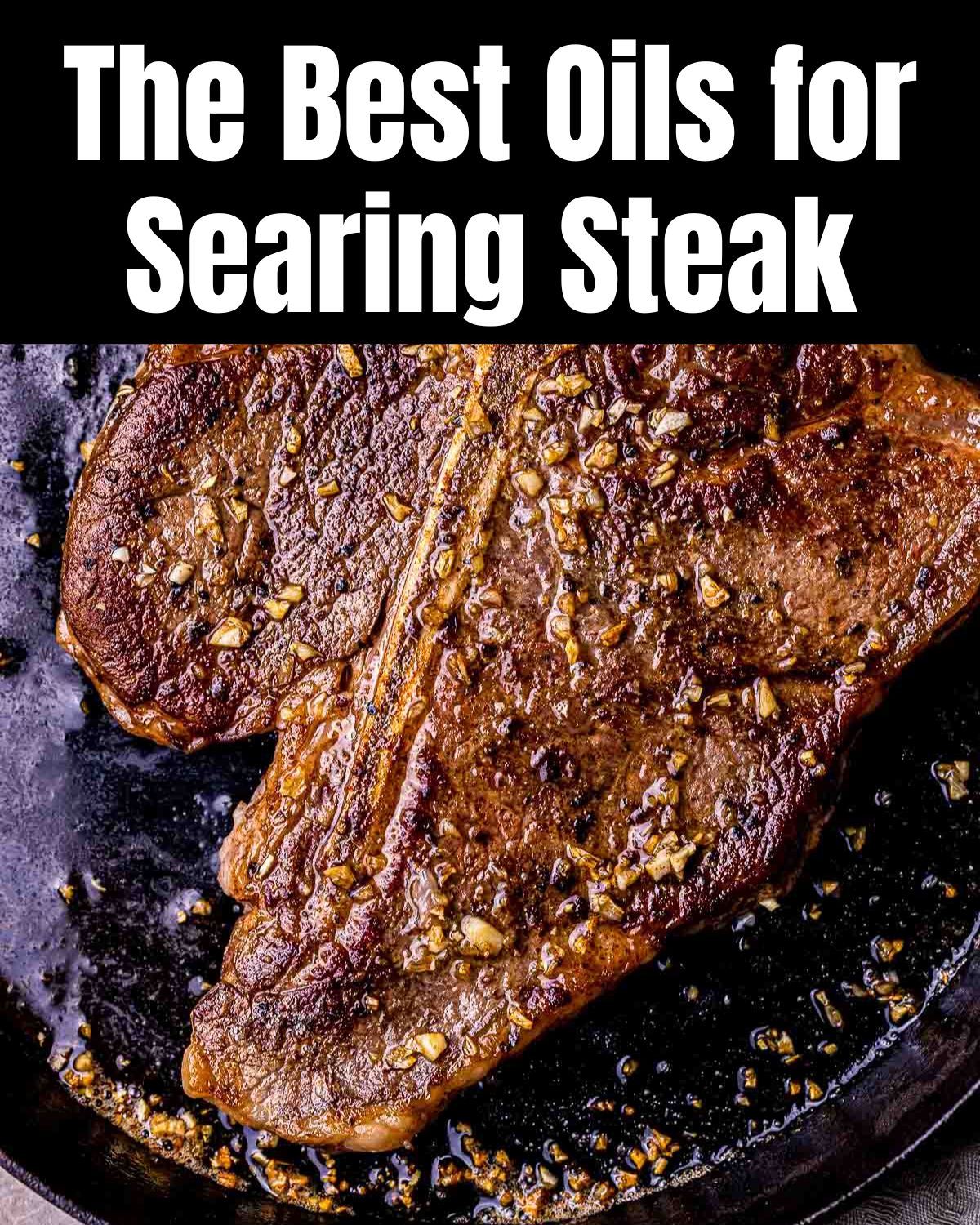 a seared steak in a pan with text overlay.