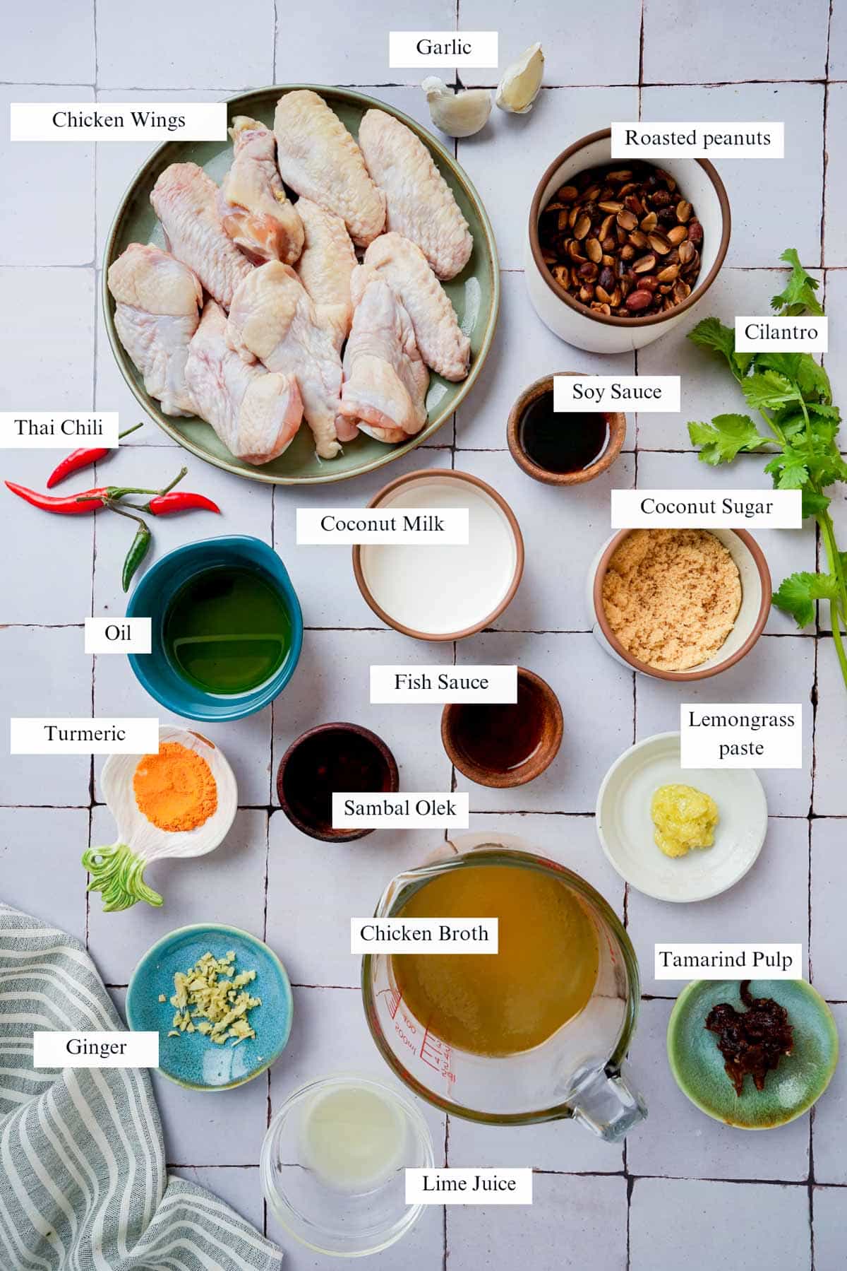 ingredients for thai chicken wings on a board with labels.