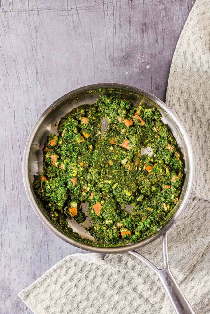 a green sauce in a skillet