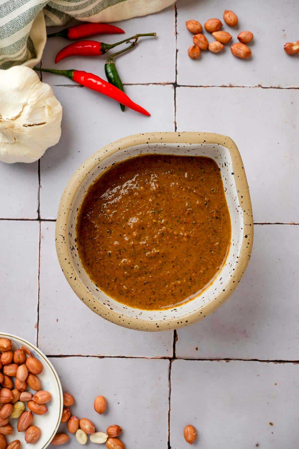 brown peanut sauce in a bowl