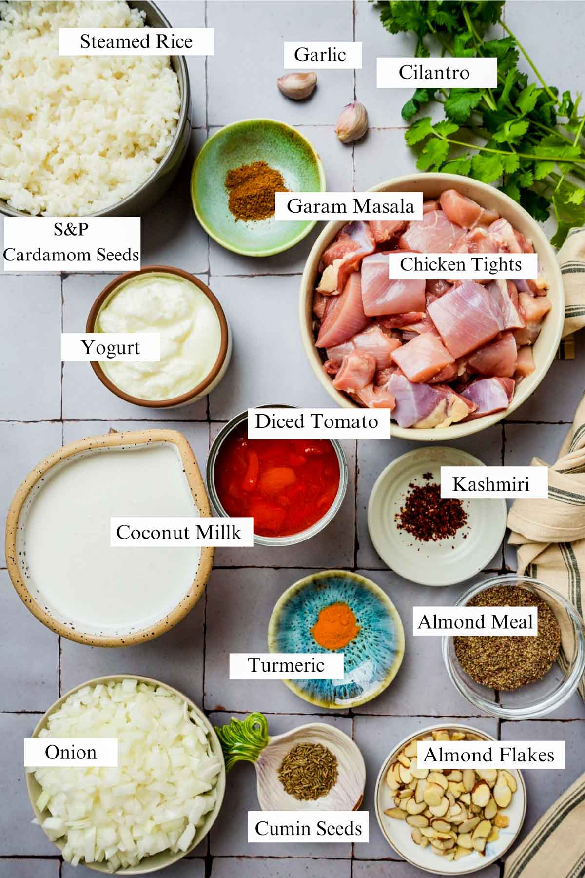 ingredients for chicken pasanda on white board with text.