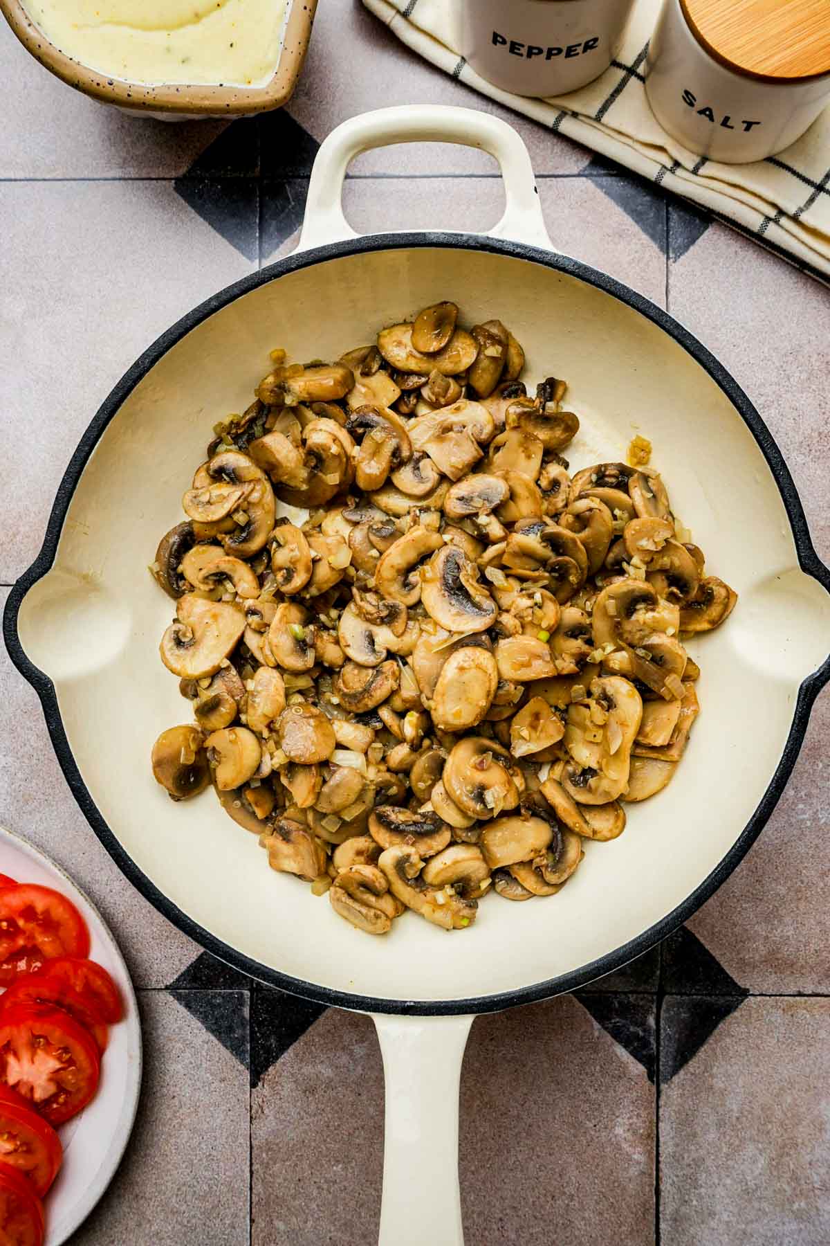 cooked mushrooms in a skillet.