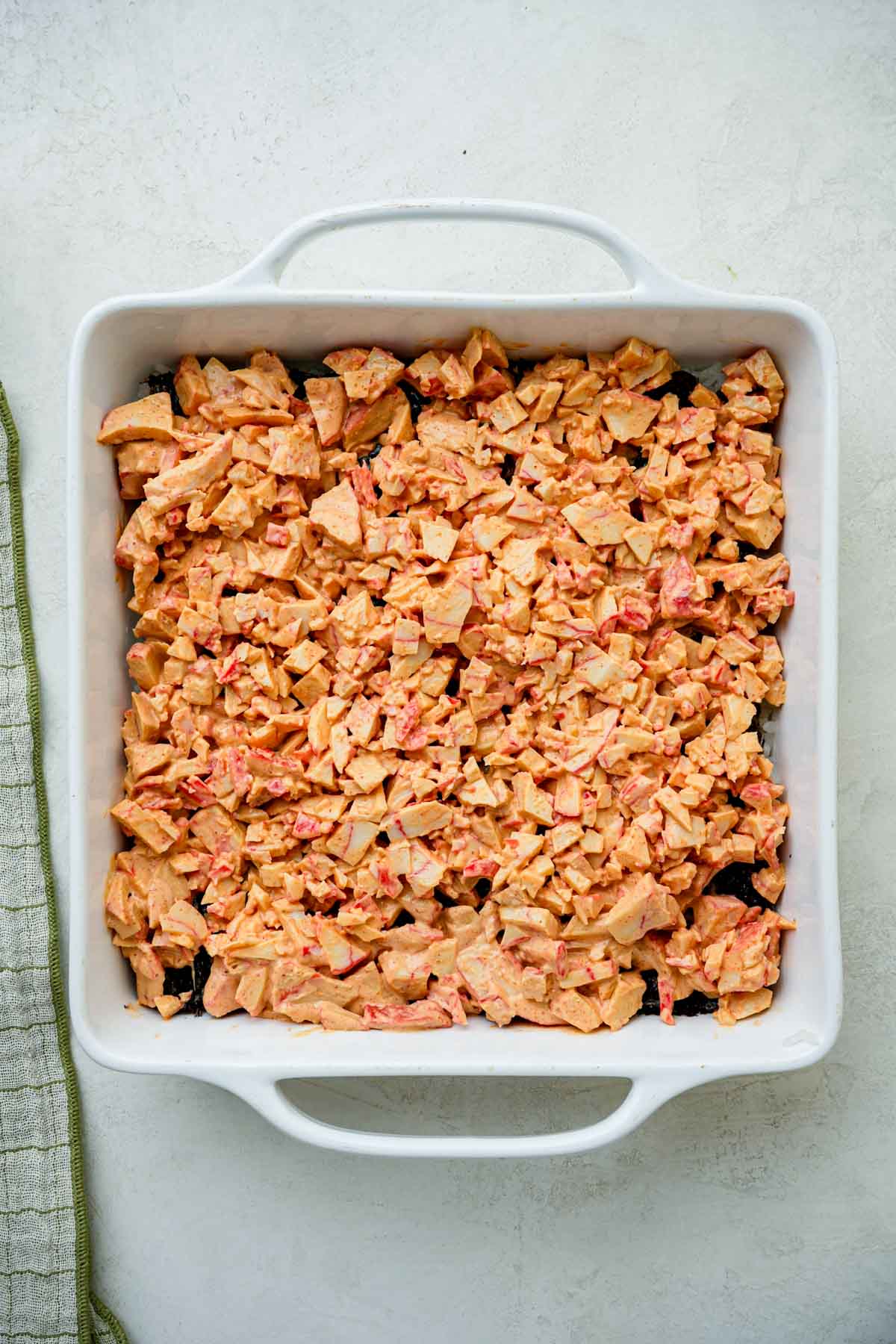 orange crab mixture in a baking dish.