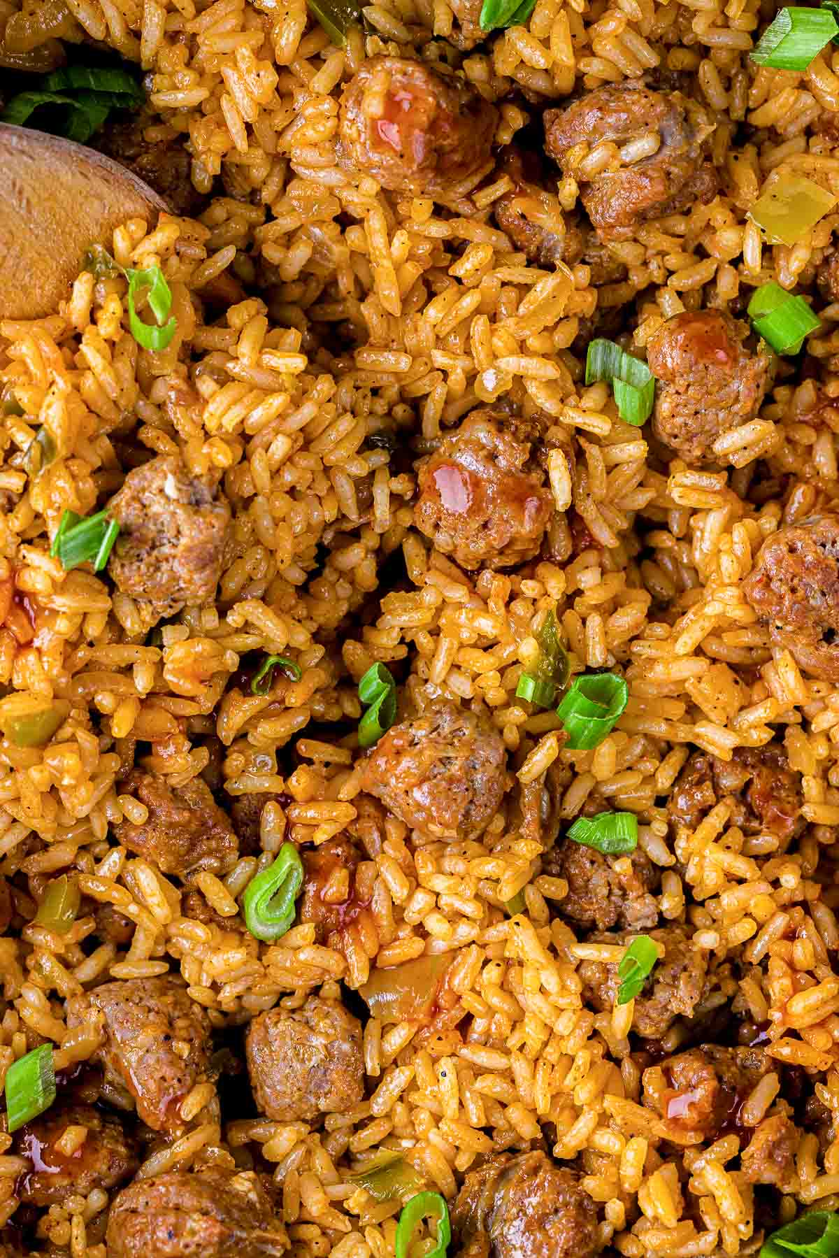 Cajun rice with sausage and green onions.