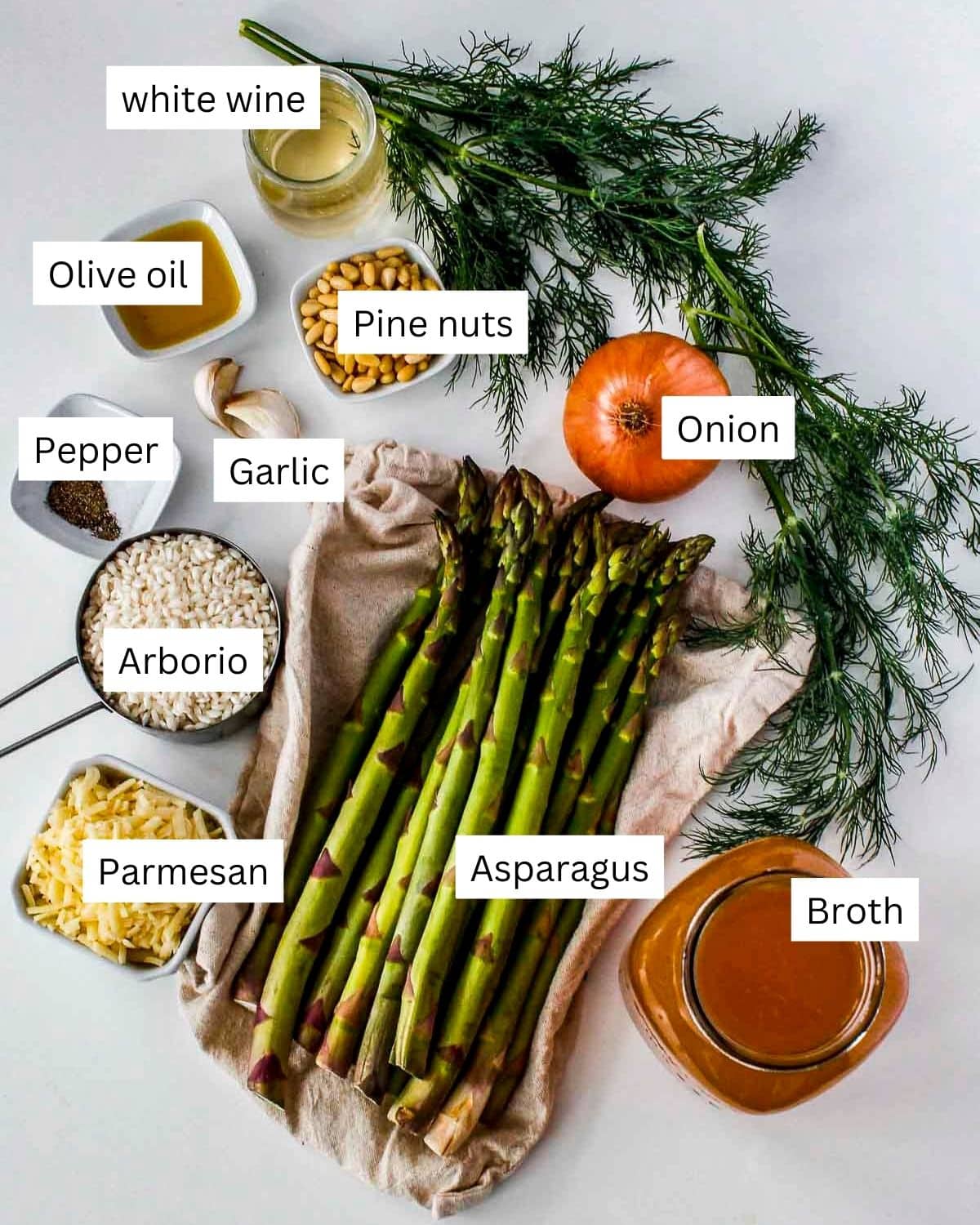 ingredients for lemon asparagus risotto on a white board with labels.