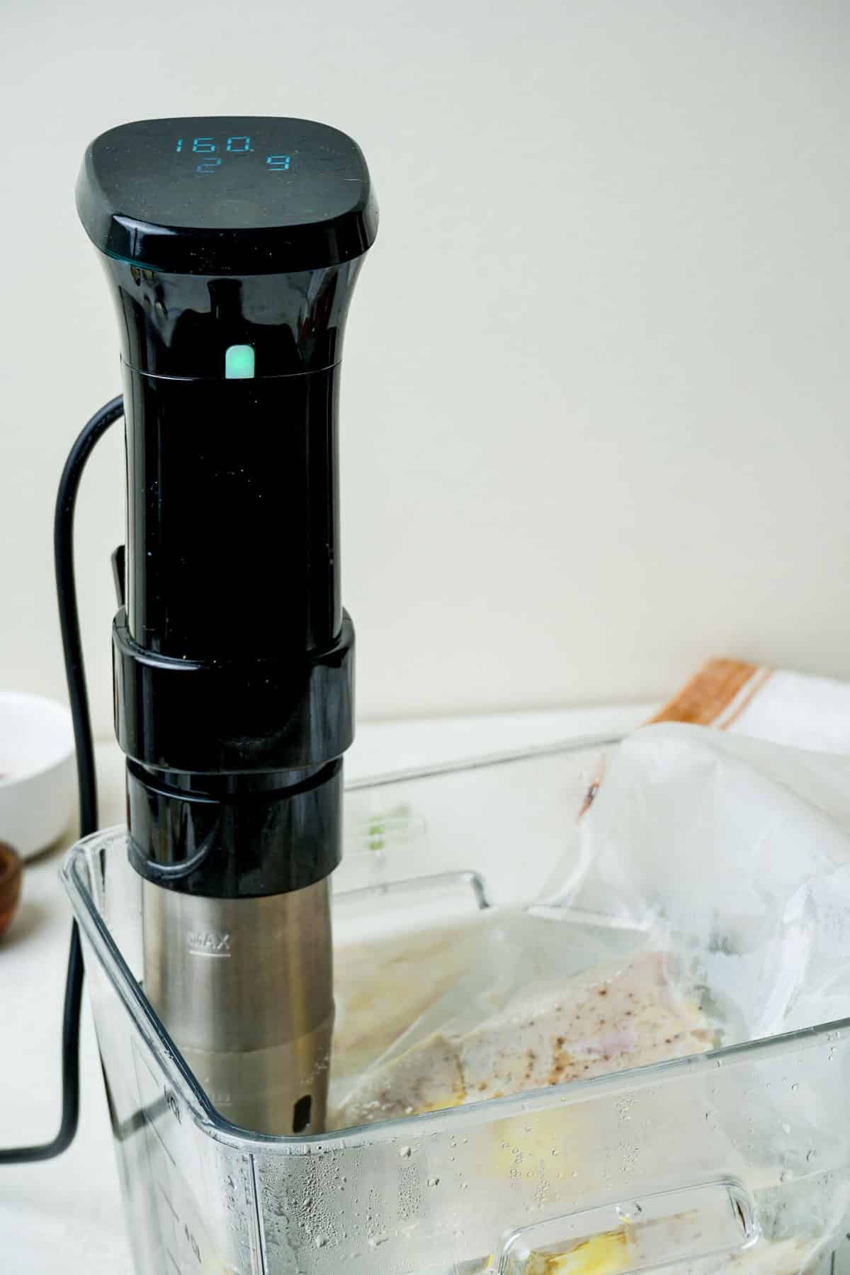 a sous vide water bath with bagged chicken inside.