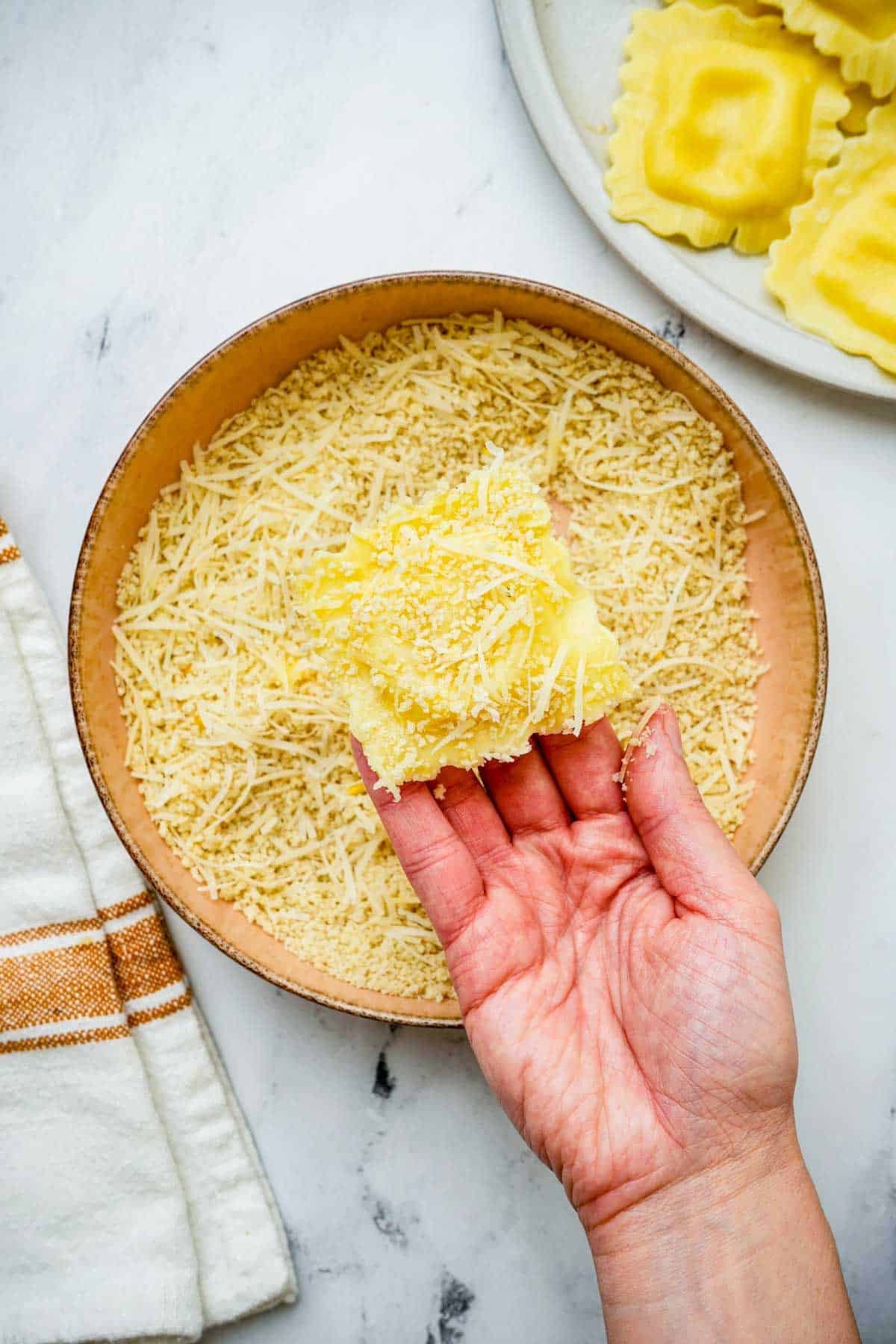 a ravioli coated with breadcrumbs.