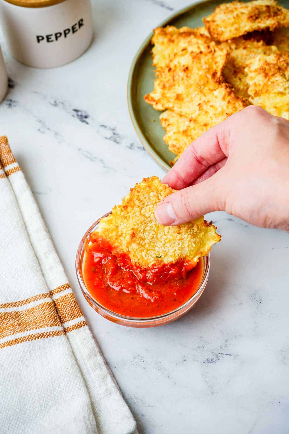 a toasted ravioli dipped in marinara sauce.