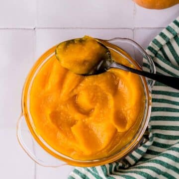 a bowl of pumpkin puree with a spoon in it.