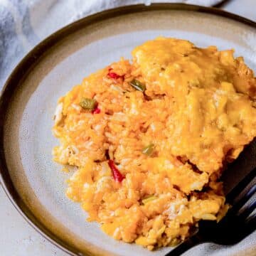 a plate of cuban rice and cheese with a fork.