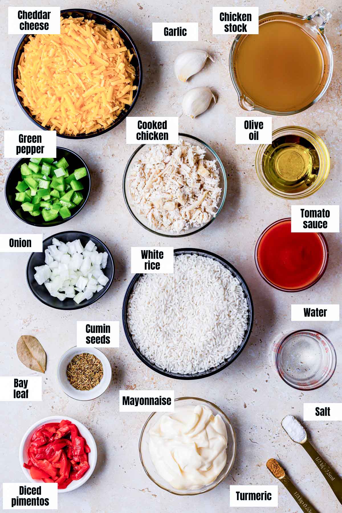 ingredients for imperial rice on a board with text labels.