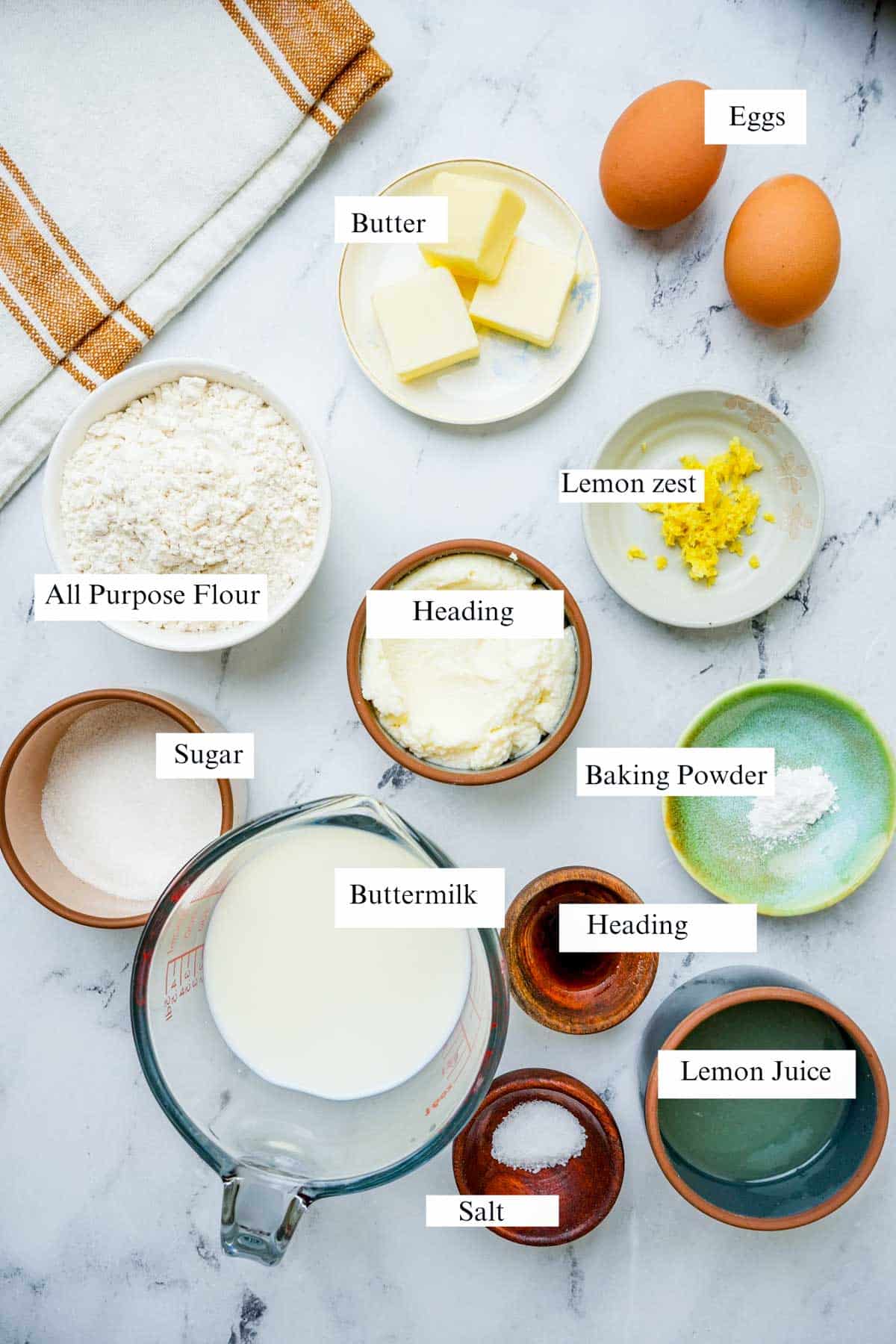 ingredients for lemon pancakes on a surface with labels. 