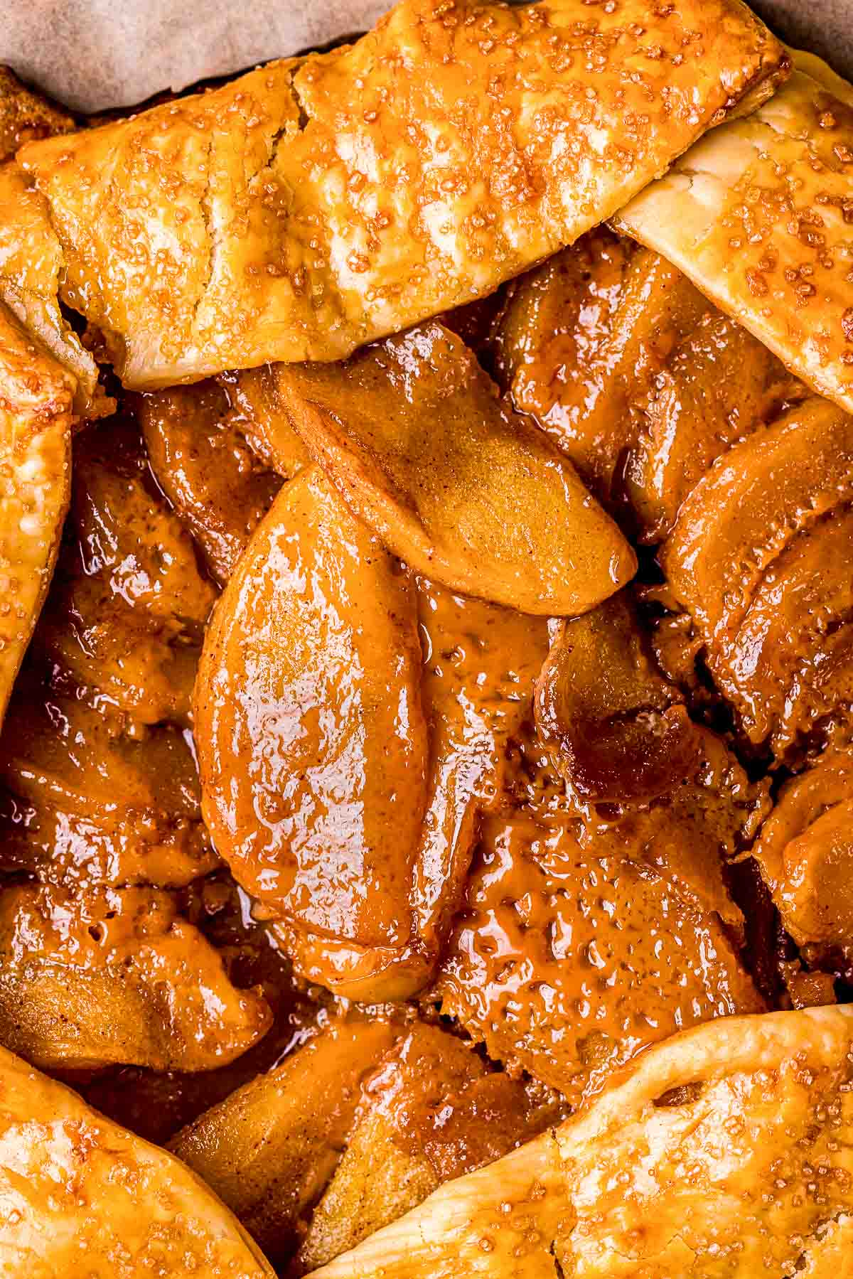 sauteed baked caramel apple slices in browned pie crust.