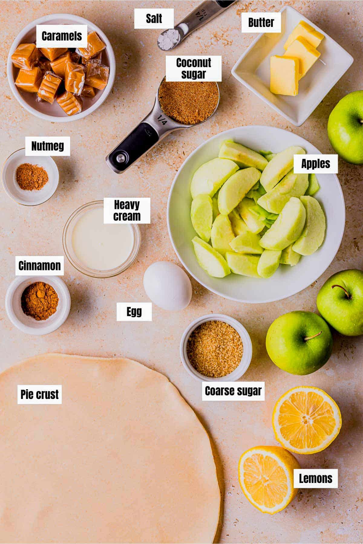 ingredients for caramel apple galette on a board.