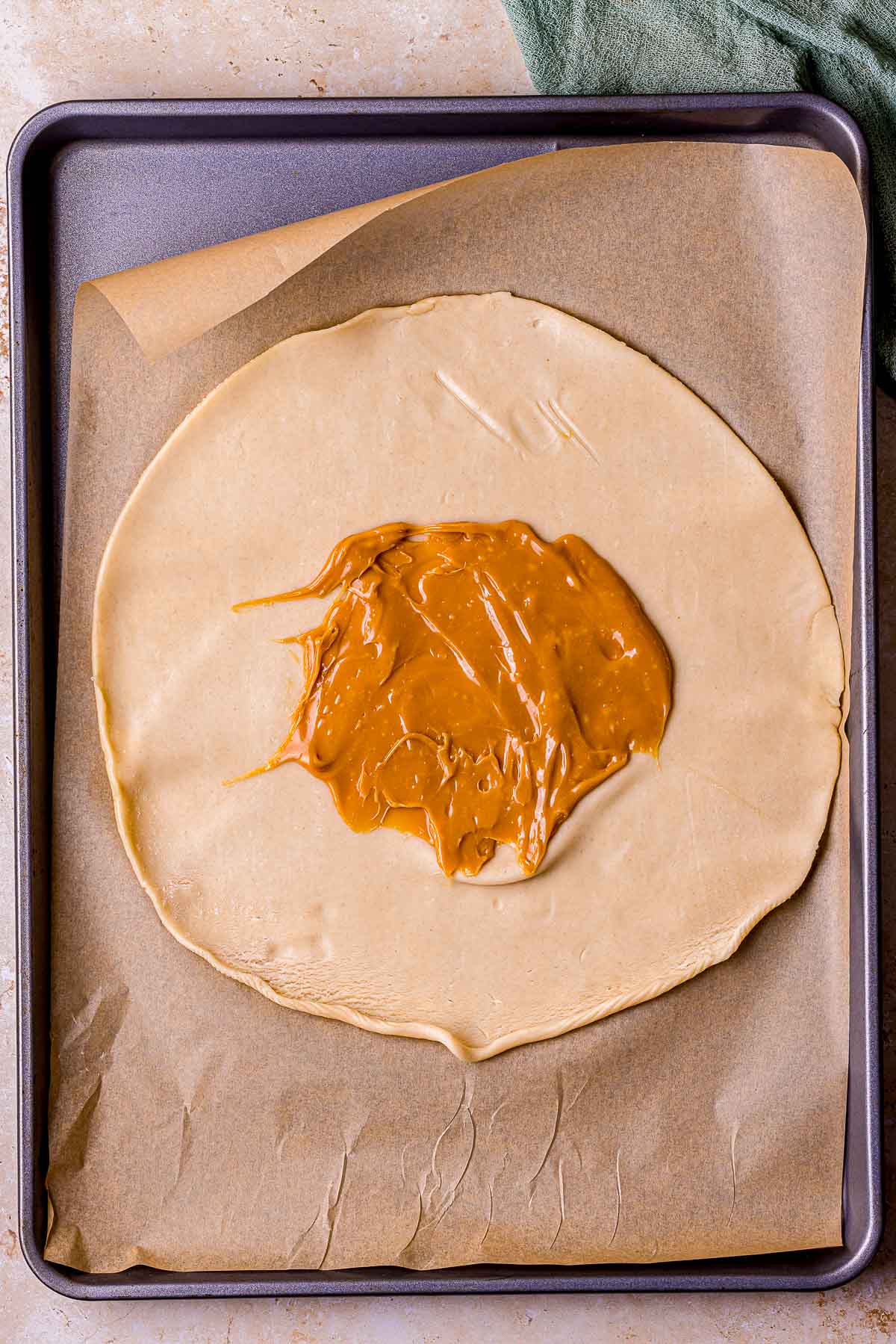 caramel in the center of a pie dough.