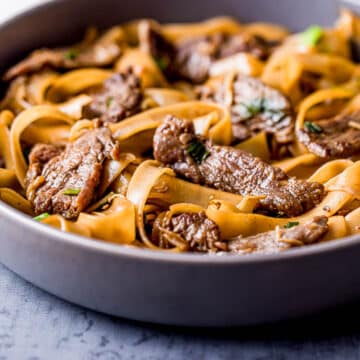 strips of beef with saucy noodles in a bowl.