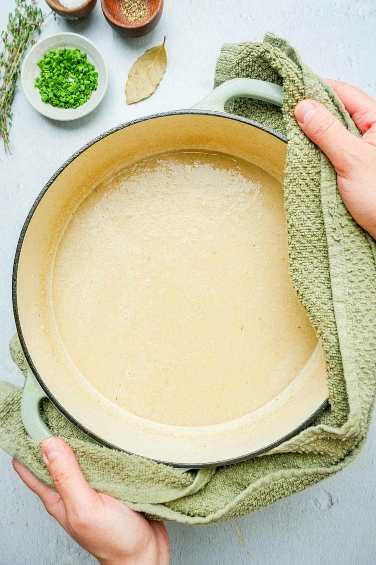 creamy soup cooking in a pot.