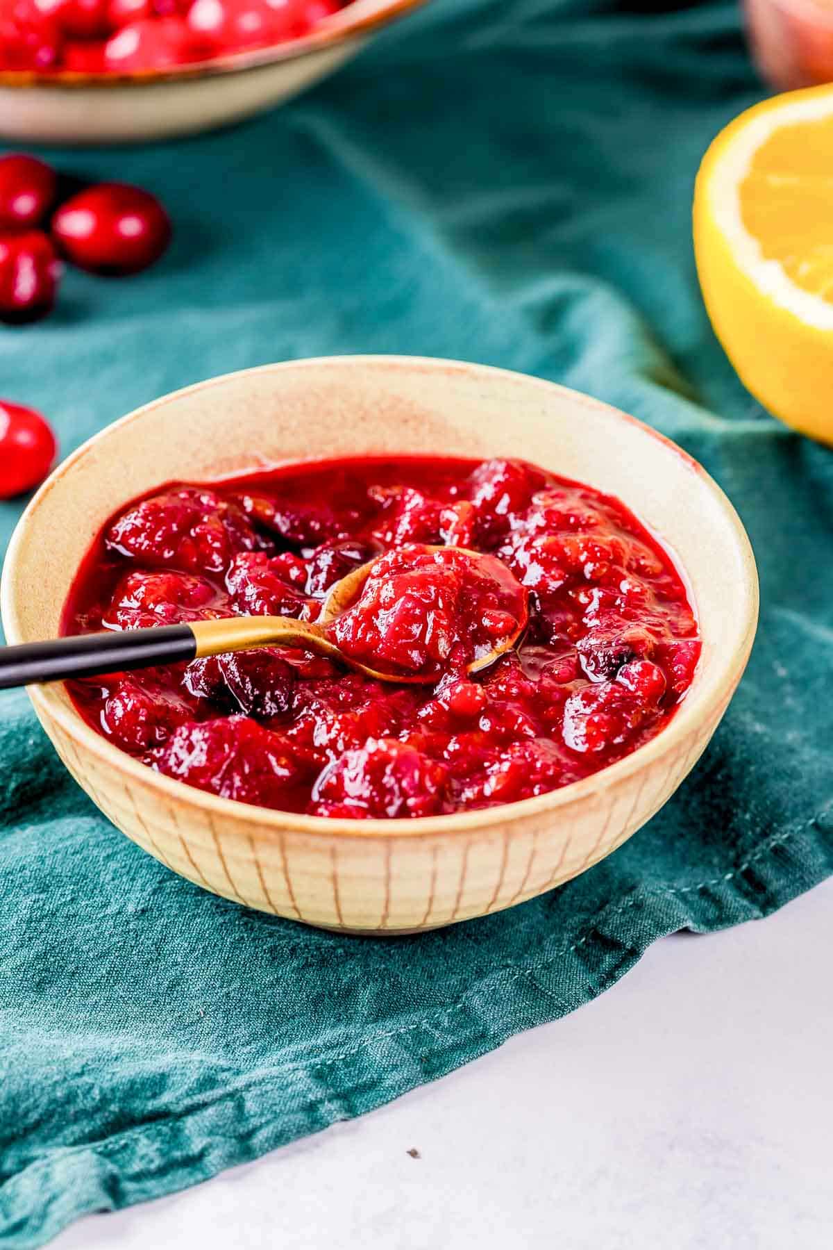 a bowl of cranberry chutney with a spoon.