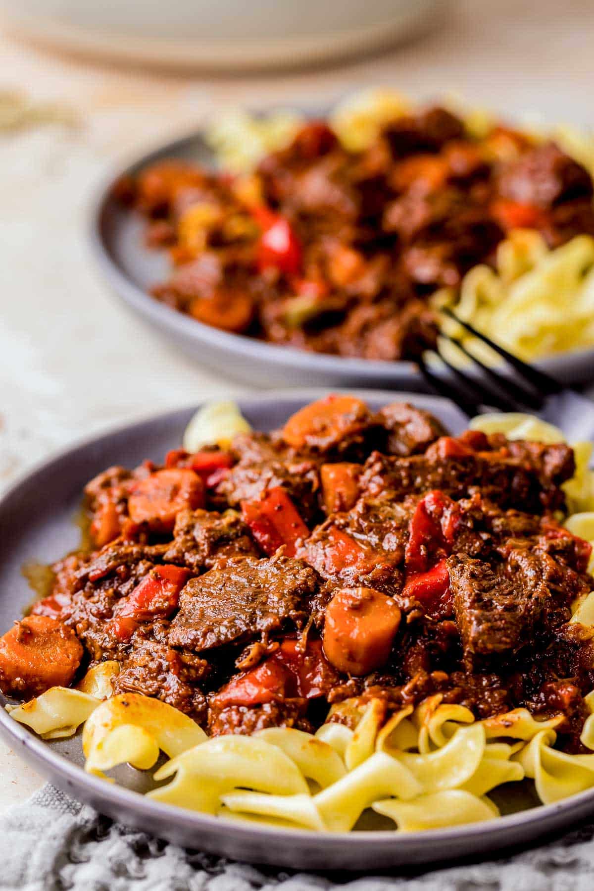 german goulash over egg noodles on a plate.