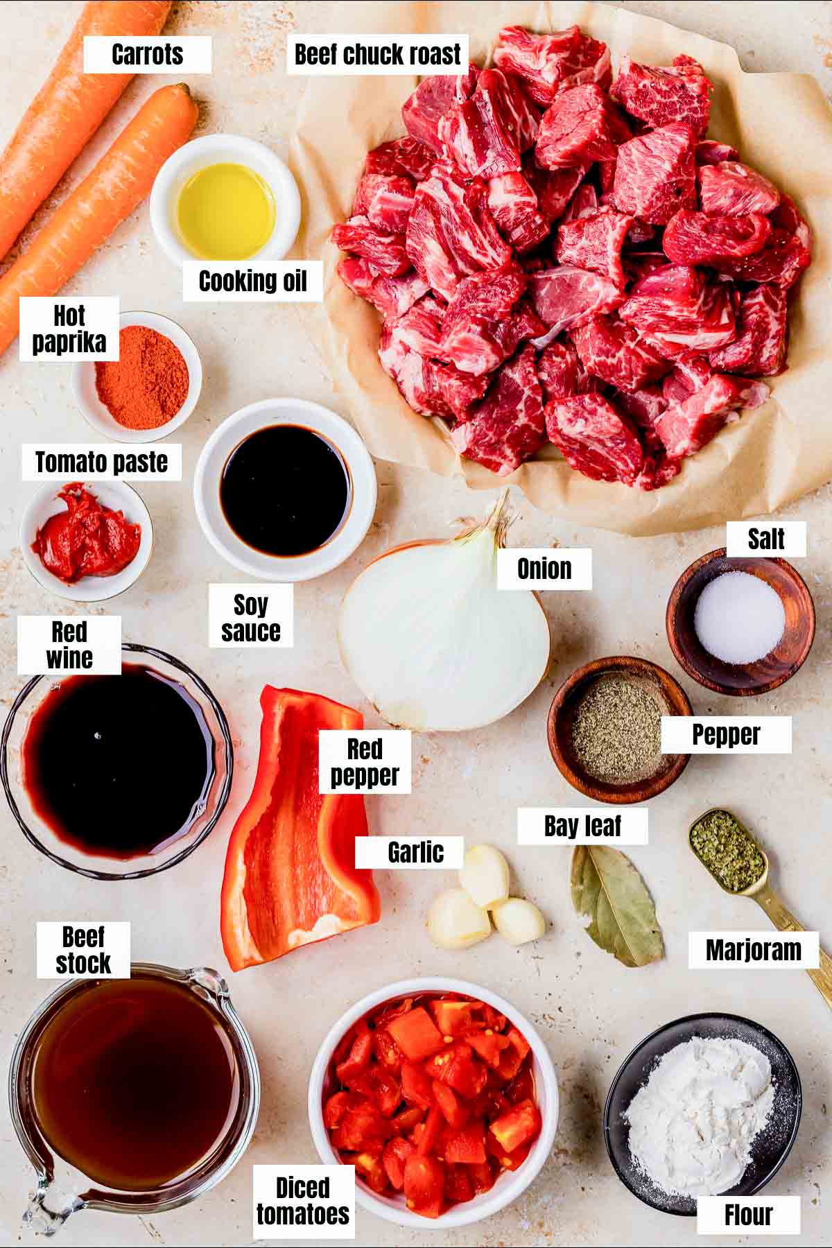 ingredients for beef goulash on a board with text overlay.