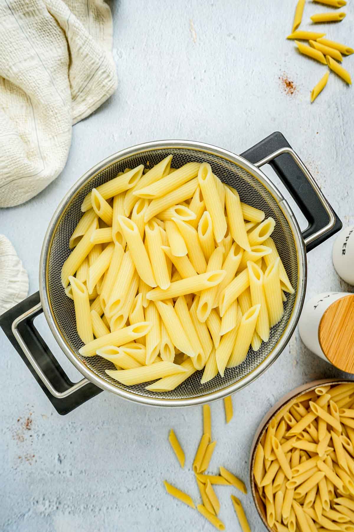 cooked pasta in a colander.