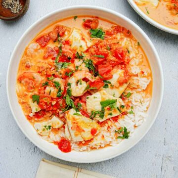 a bowl of tomato and fish soup with rice.